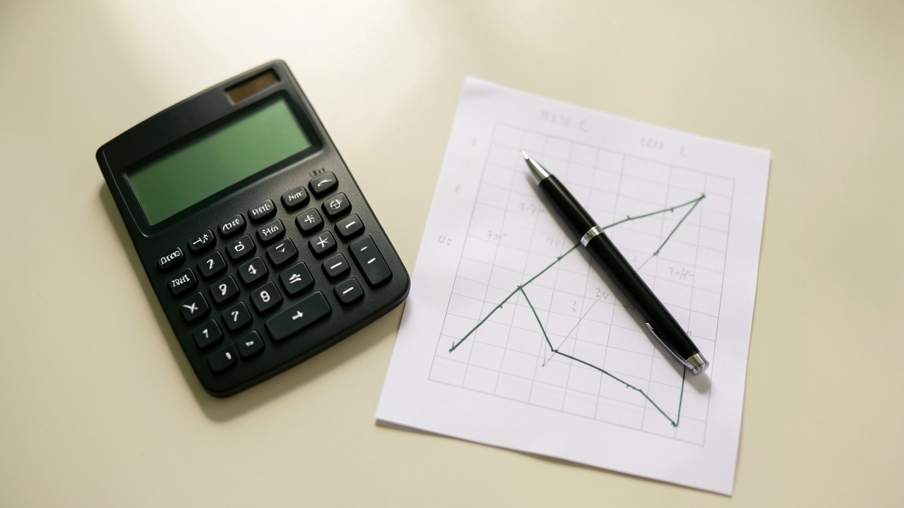 Overhead view of a clean desk with a calculator, a pen, and a sketched graph showing a declining line on a document, suggesting financial planning and mortgage reduction.