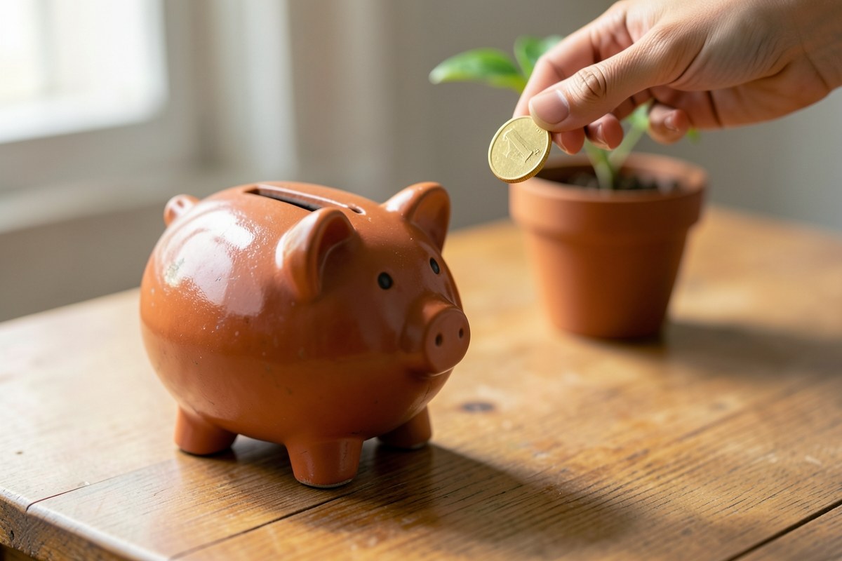 Close-up of a piggy bank being filled with a coin, with a small plant sprouting in the background, symbolizing savings and growth.