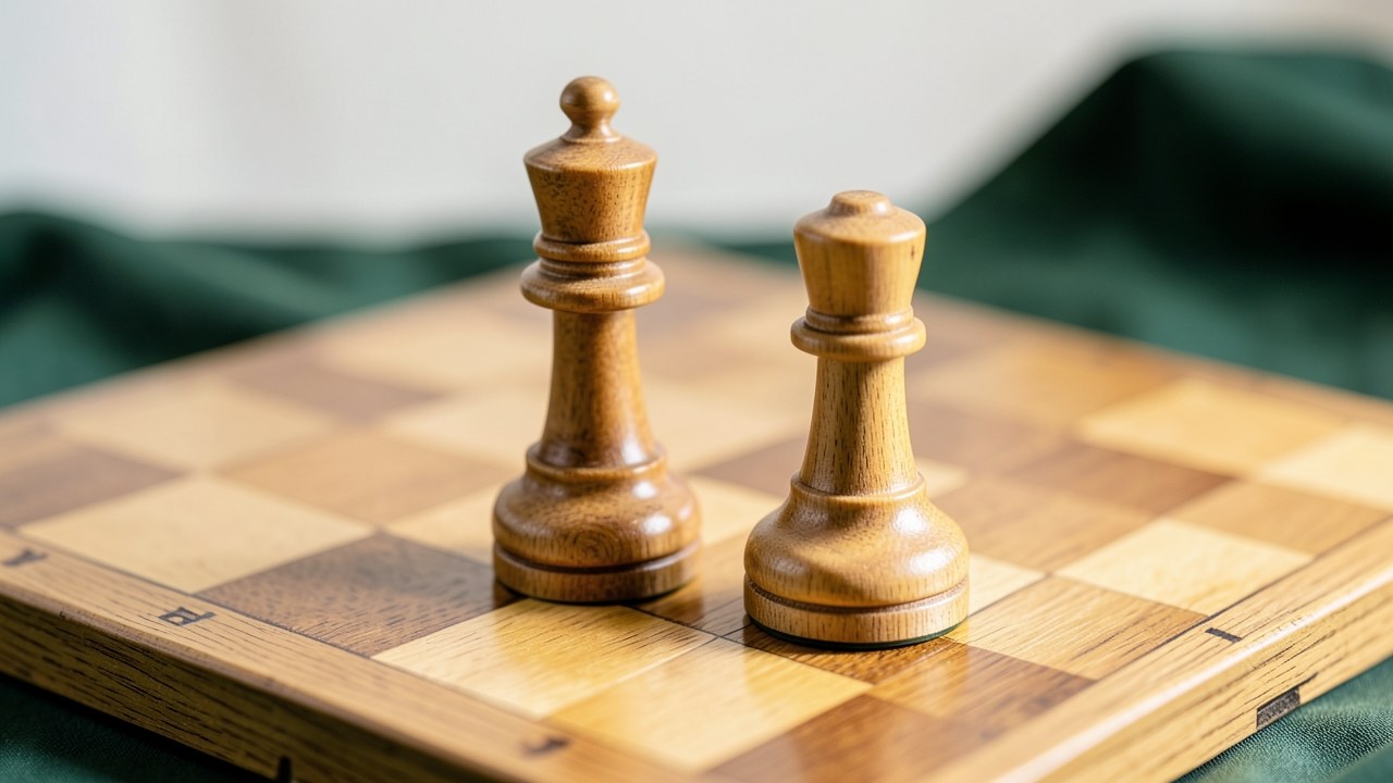 Two chess pieces, one king and one pawn, facing each other on a board with wooden tiles, representing strategy and choice.
