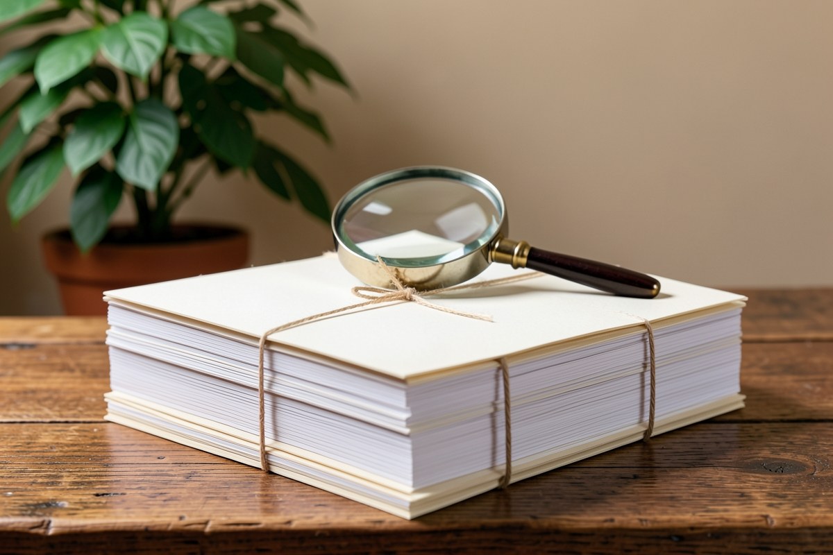 A stack of documents tied with a string and a magnifying glass on top, on a desk, suggesting review of terms and conditions.