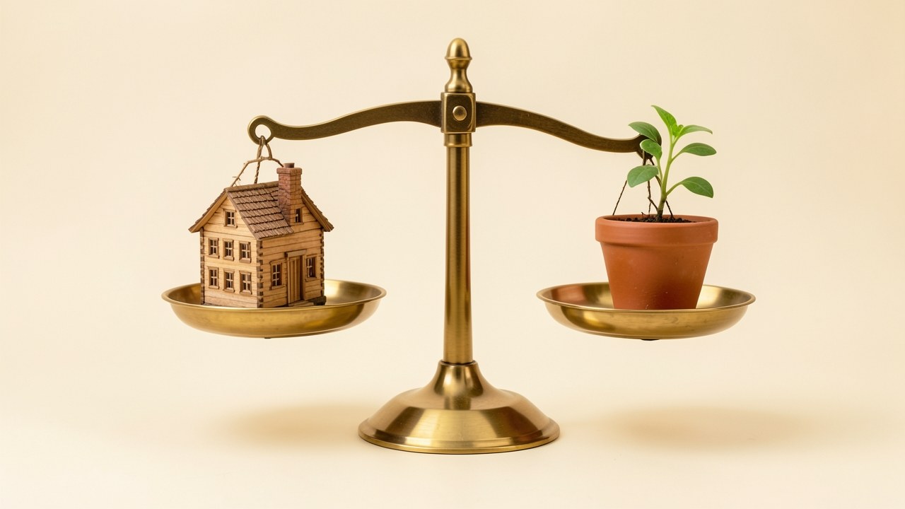 A balanced scale with a small house on one side and a small plant sprout from a coin on the other, symbolizing the choice between home equity and investment growth.