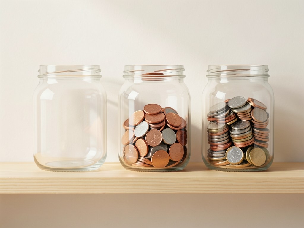 A row of three small glass jars filled with different numbers of coins, representing different savings scenarios, on a wooden shelf.
