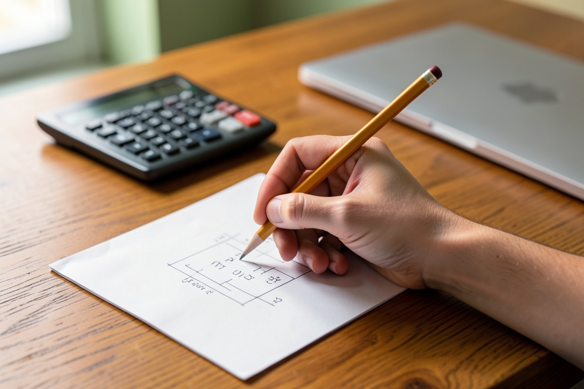 A hand holding a pencil writing on a paper with a calculator and a laptop in the background on a clean desk.