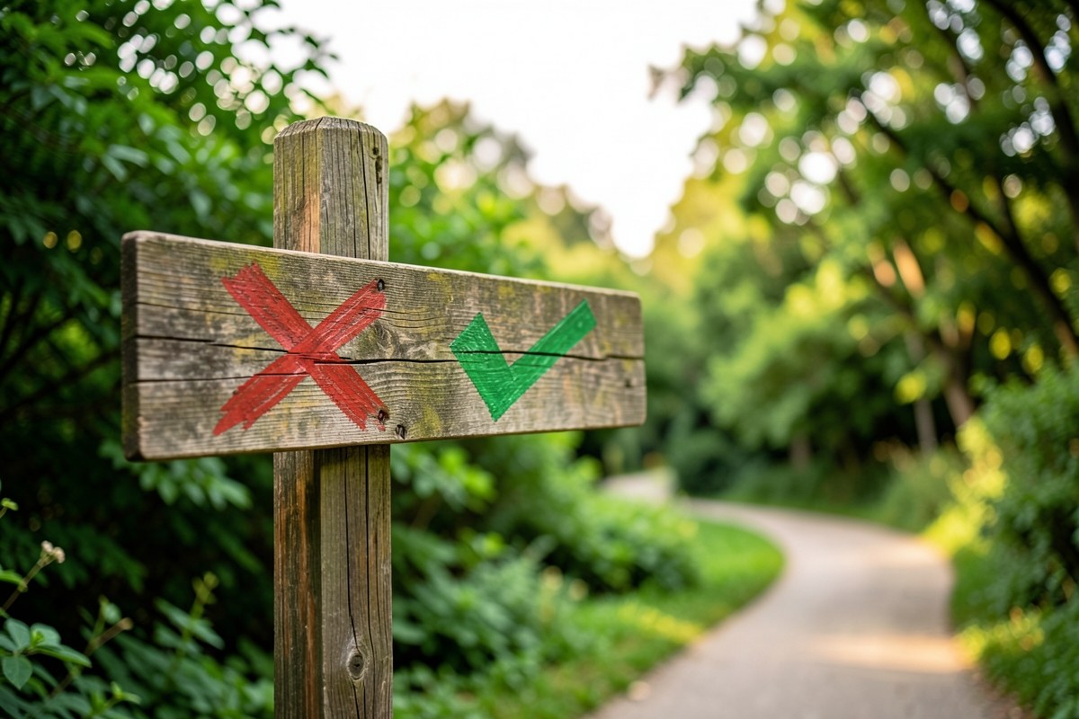 A wooden signpost with two arrows pointing in opposite directions, one labeled with a checkmark, the other with an X, on a path in a park.