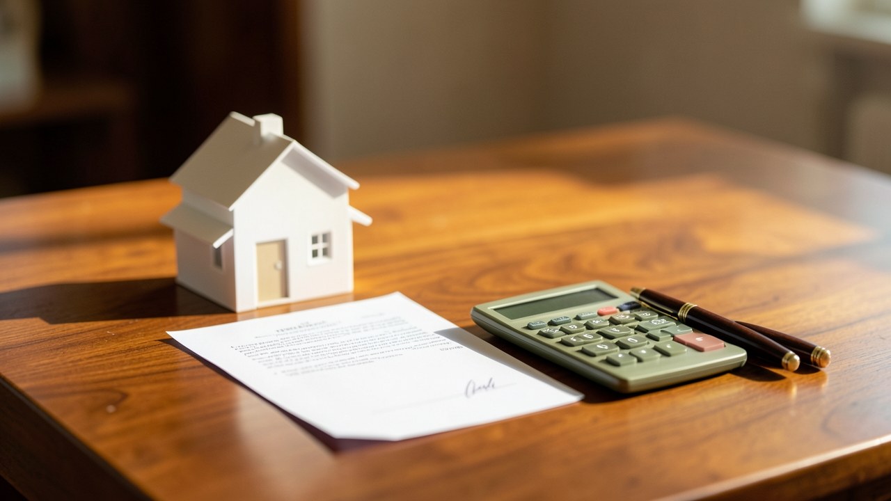 A house model and a contract document on a table, with a calculator and pen, symbolizing the decision between overpaying and remortgaging.