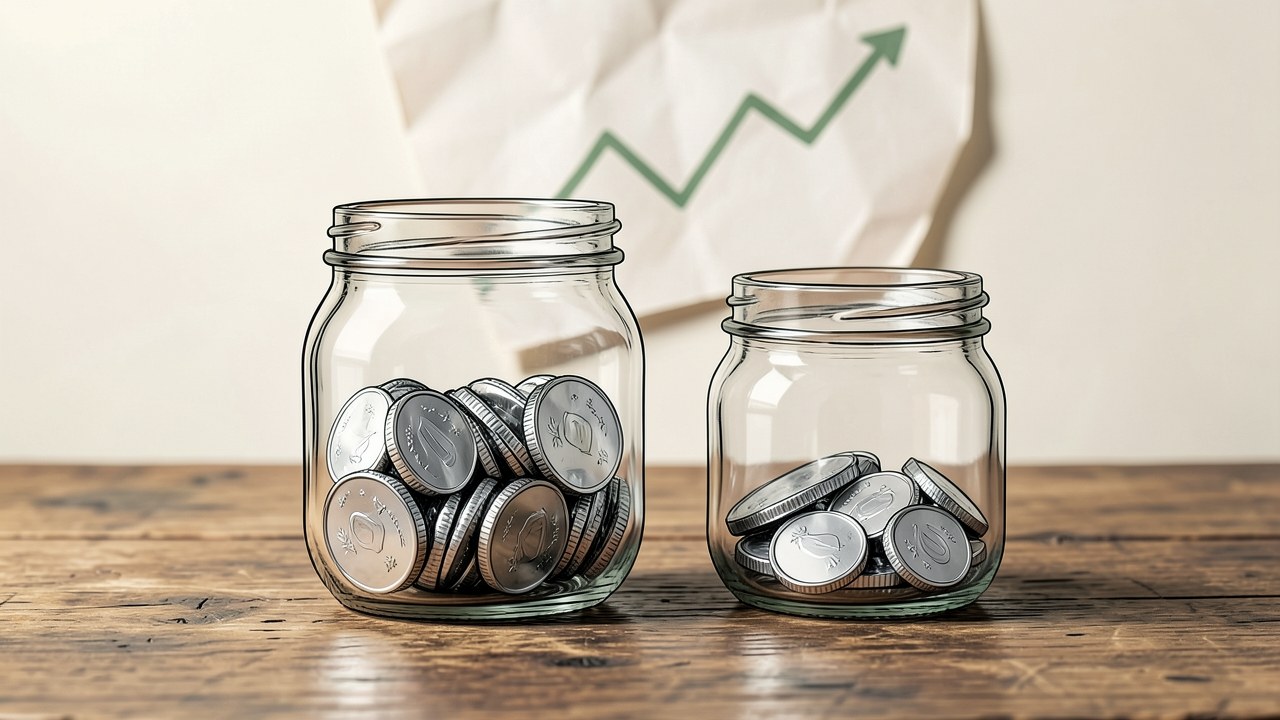 A clear glass jar filled with a row of coins, with a smaller jar of coins beside it, and a line graph drawn on paper in the background, representing an amortization schedule.