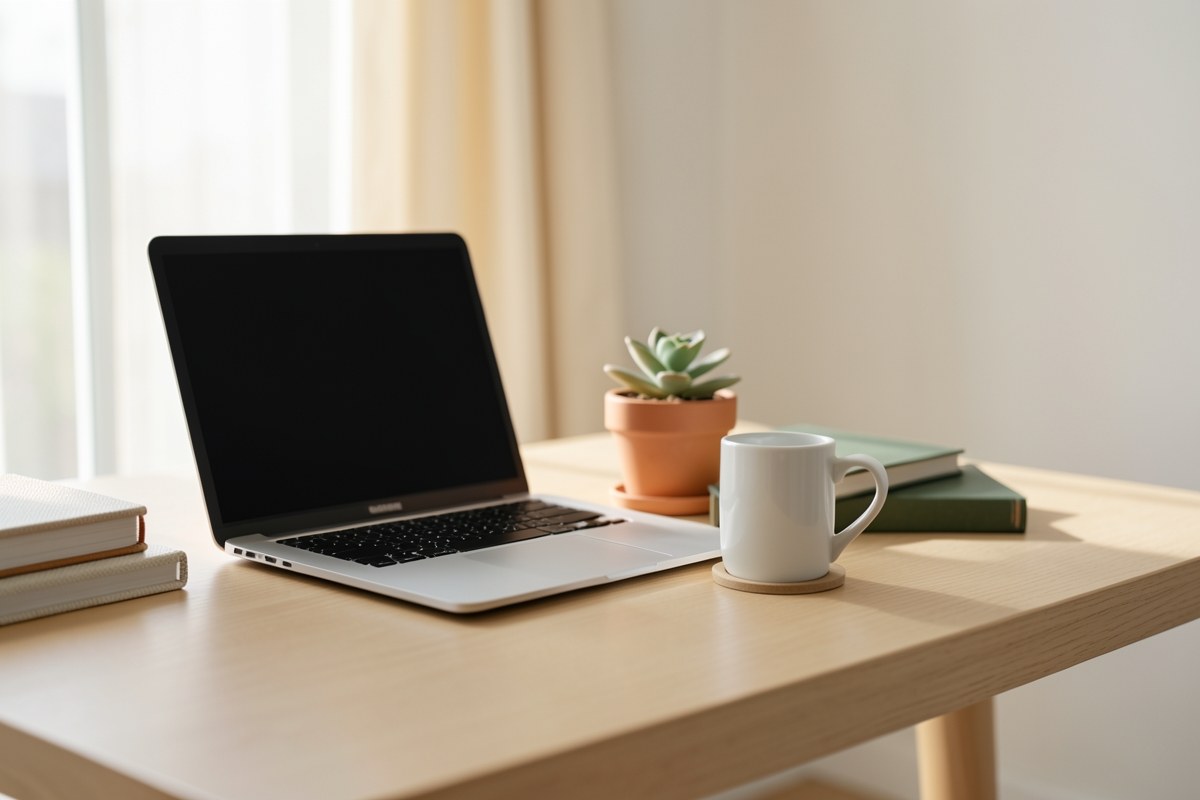A modern office desk with a laptop, a cup of coffee, and a small plant, viewed from a slight angle, representing a professional workspace.