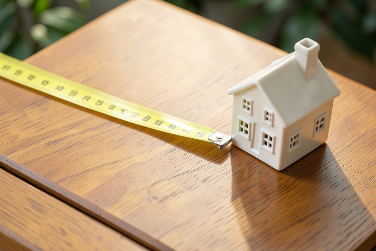 A measuring tape partially stretched on a wooden surface, with a small house model at the end, symbolizing limits and property.