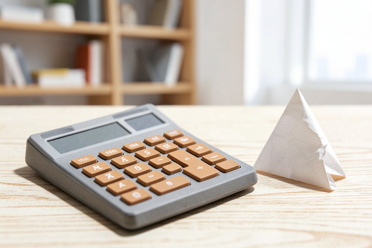 A calculator with a small warning triangle made of paper, on a desk, symbolizing calculating potential fees or penalties.
