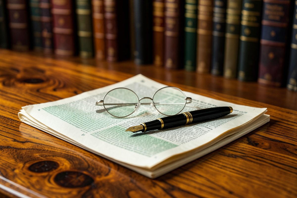 A fountain pen resting on a neatly folded newspaper, with a pair of glasses beside it, symbolizing editorial standards.