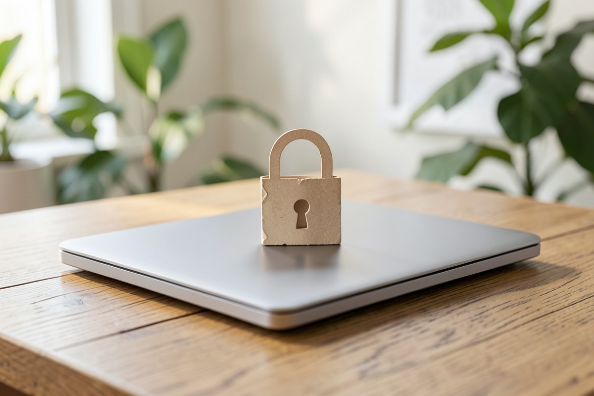 A closed laptop with a small padlock icon made of paper, symbolizing privacy and data protection.