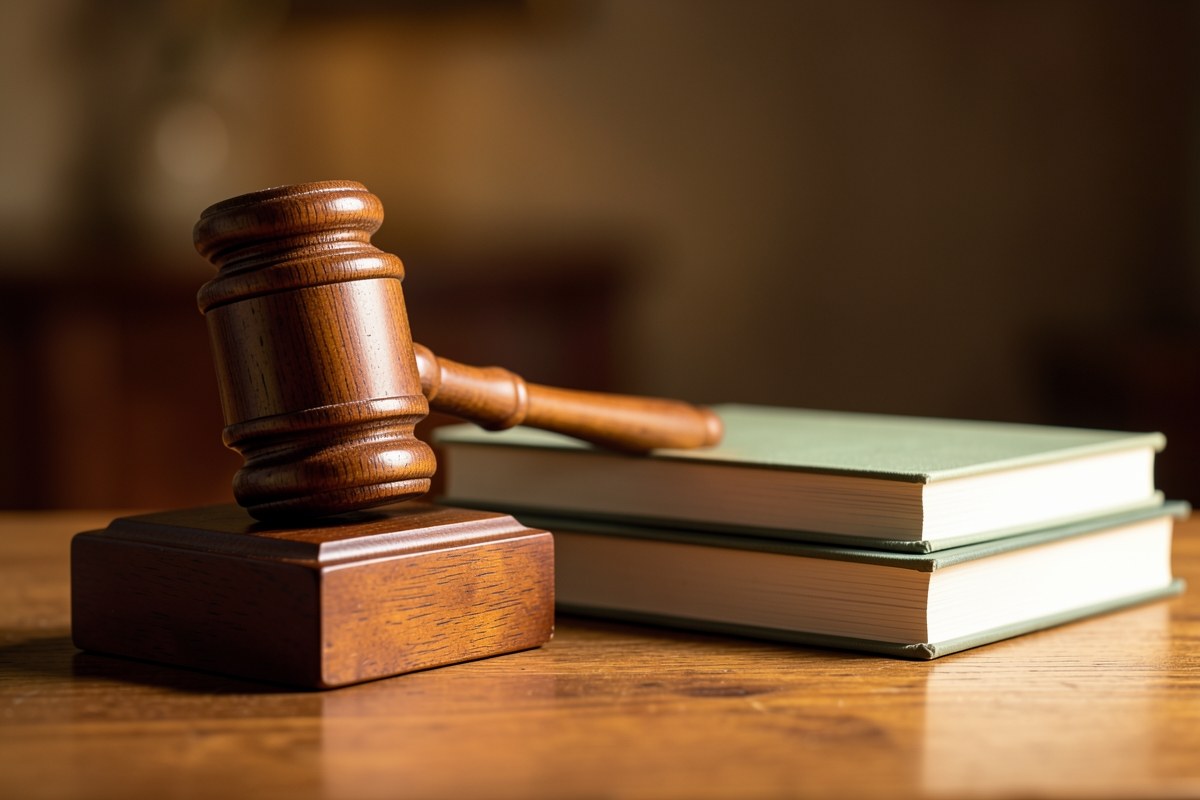 A gavel and a stack of legal books on a table, symbolizing terms of use and legal agreements.